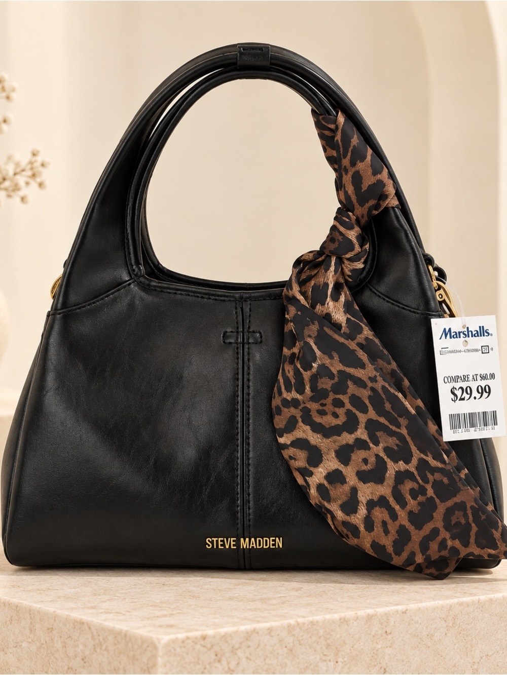 Steve Madden Black Leather Shoulder Bag with Leopard Scarf Accent